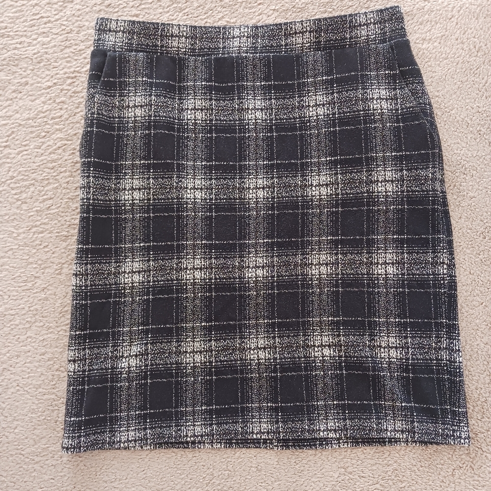 Dark Academia Lands End Black Grey White Plaid Straight Midi Skirt Medium 10-12